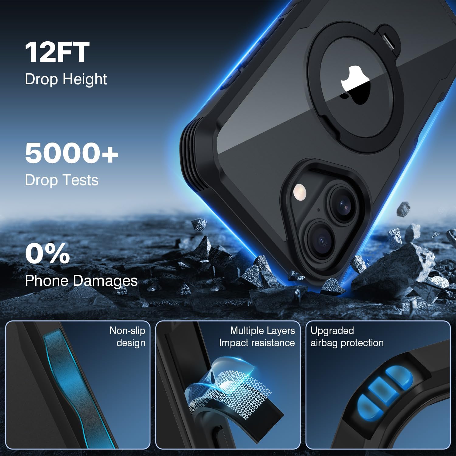 CENHUFO Privacy for iPhone 16 Case [Compatible with Magsafe] Full Body Phone Case Built-in 9H Tempered Glass Privacy Screen Protector and 360° Spin Magnetic Stand Ring, Camera Lens Cover - Black - Image 4