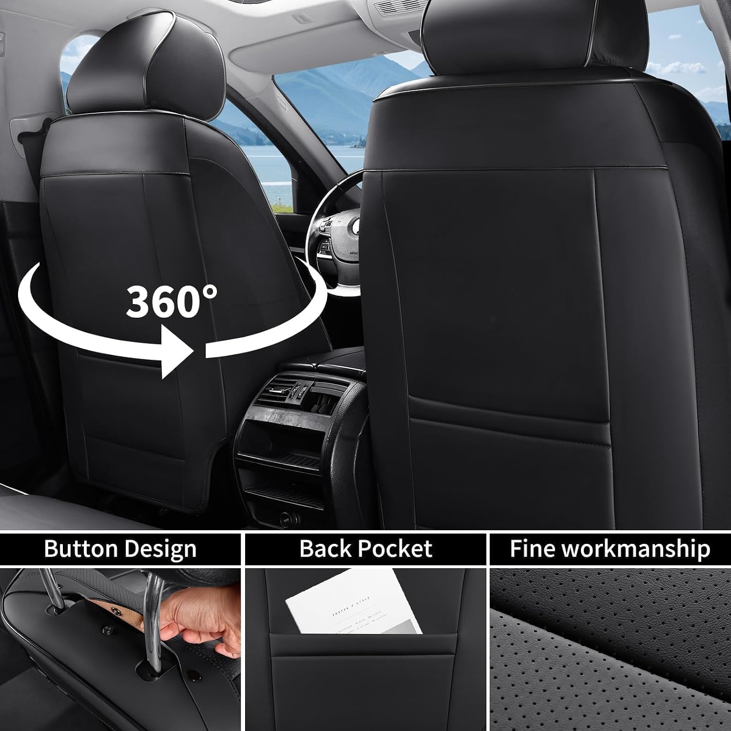 Bling Car Seat Covers Full Set, Luxury Faux Leather Car Seat Covers Waterproof Non-Slip Seat Protector Universal Fit for Most Cars SUVs Trucks Pick-ups,Car Accessories Interior for Women(Black)