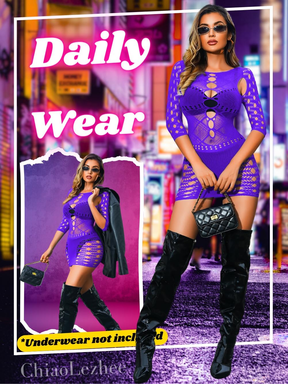 ChiaoLezhee Rave Glow Party Outfits, Sheer Mesh Mini Dress, Size Fits 0-12