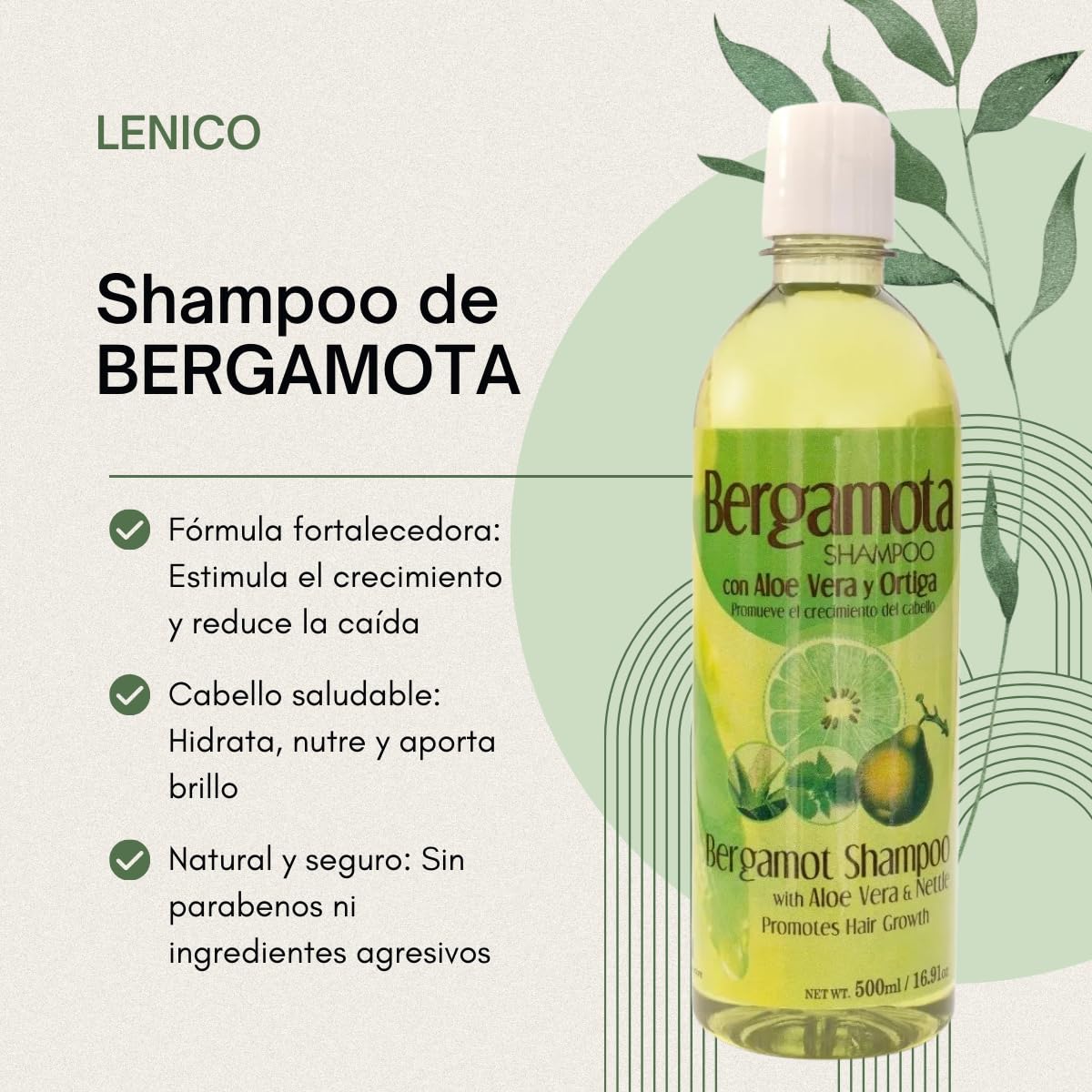 Bergamot Shampoo 500 ml (16.90 oz) with Aloe Vera & Nettle | Strengthens & Nourishes Hair | Paraben-Free, Unisex | LENICO