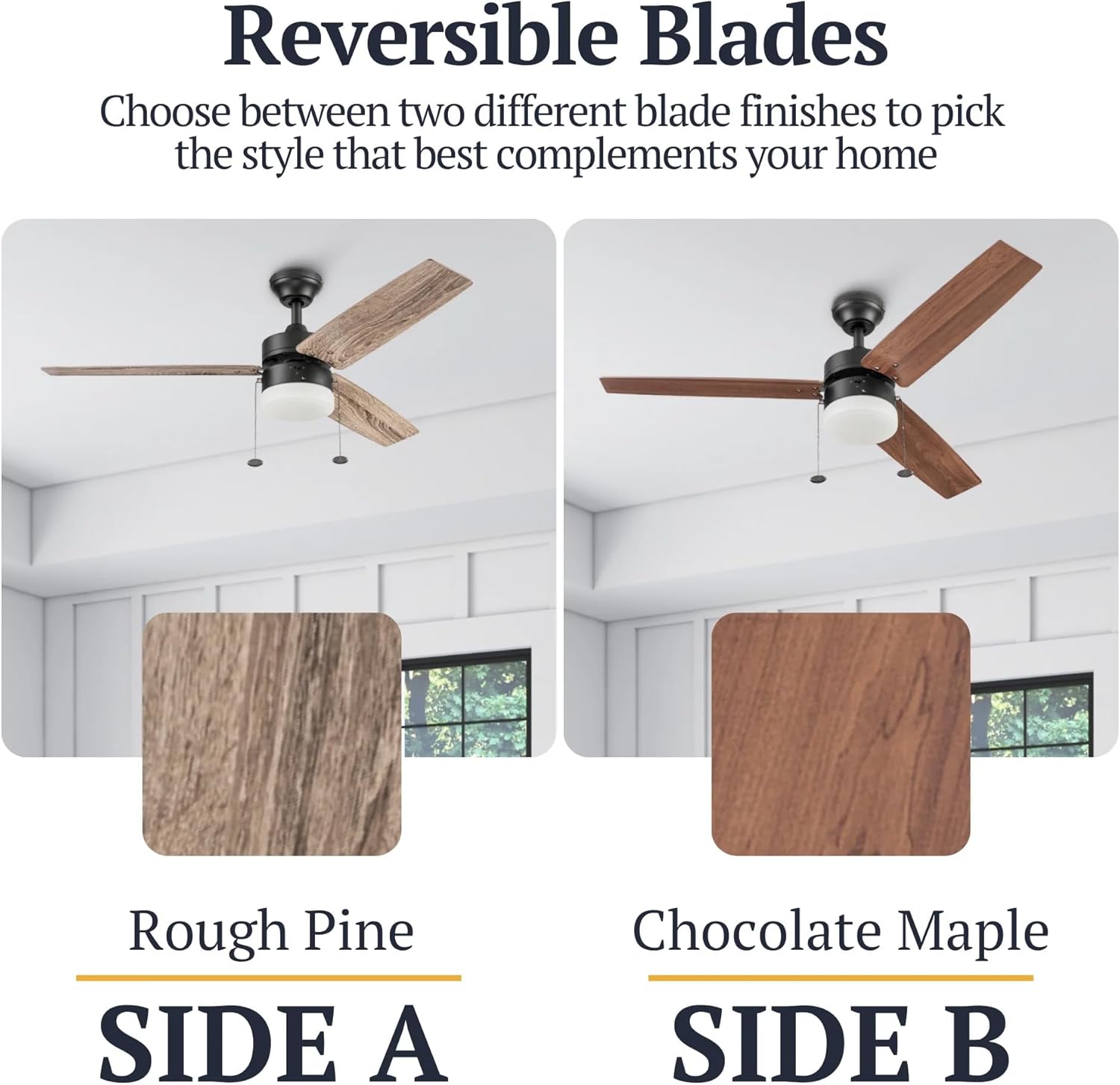 Prominence Home Reston, 48 Inch Modern Farmhouse LED Ceiling Fan with Light, Pull Chain, Dual Mounting Options, Dual Finish Blades, Reversible Motor - 51588-01 (Bronze)