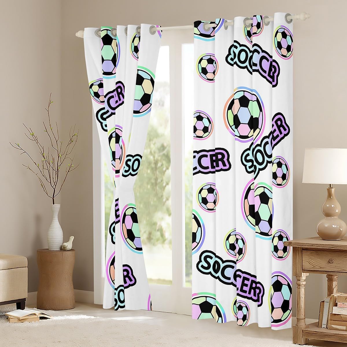 Feelyou Colorful Soccer Ball Window Curtains for Bedroom Living Room for Kids Boys Girls Sports Theme Window Drapes Cartoon Style Curtains Bedroom Decor Cute Window Treatments 38W X 54L,2 Panels
