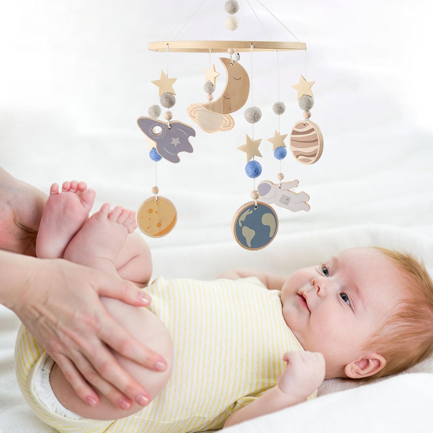 Bassinet Mobile - Calming 360° Rotating Space Design Toys,Wood Nursery Pendent Toy - for Kids Boys Girls Hoom Bedroom Bedding Play Sleep Travel
