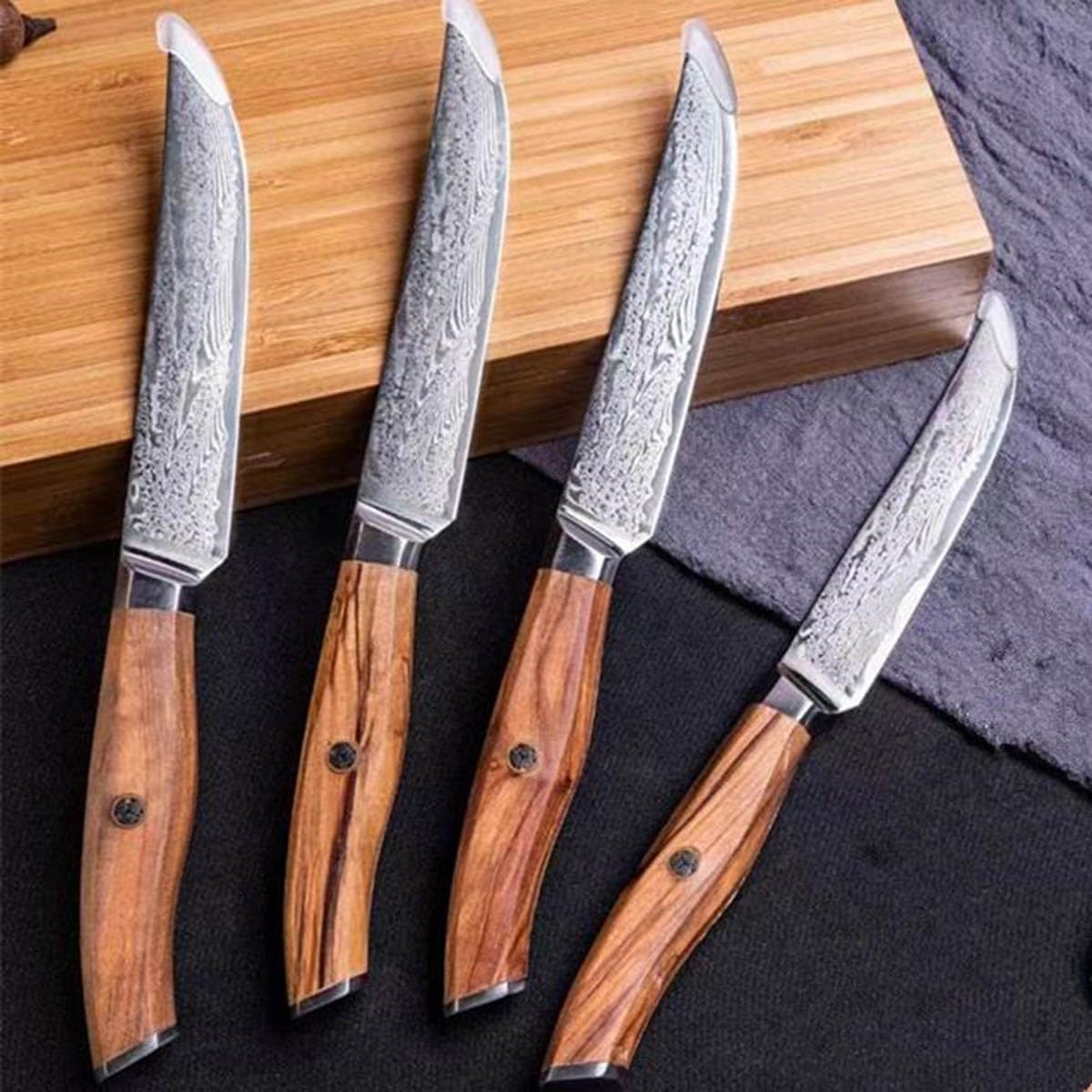 Steak Knife Set of 6,Professional Knives for Steak,VG10 Damascus Steak Set,Damascus Pattern Full Tang Design,Razor-Sharp Dinner Knives with Wooden Box