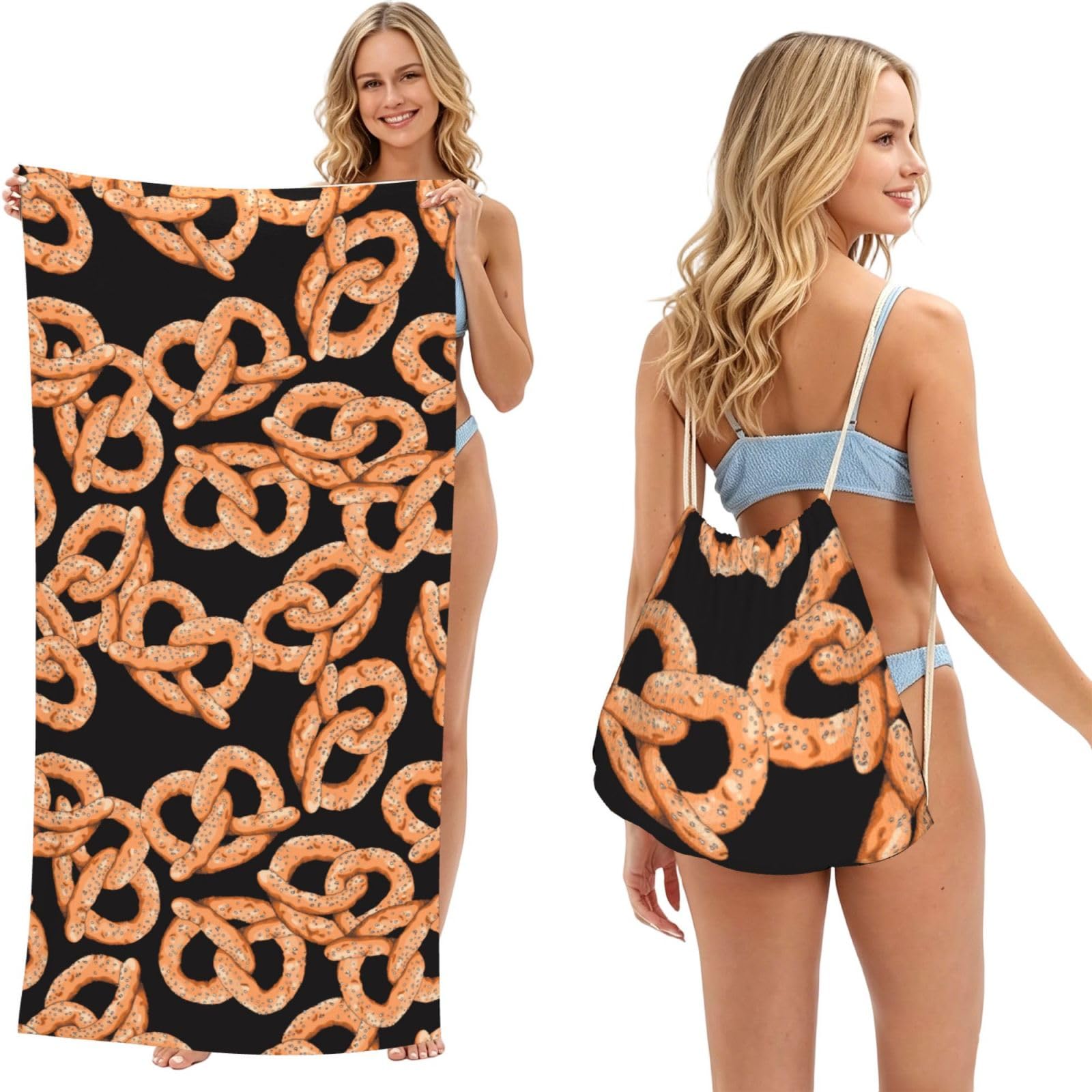 Poadnly As Picture Fresh Pretzel, 2 In 1 Packable Towel Bag, Beach Towels With Drawstring Backpack For Travel Holiday Camping