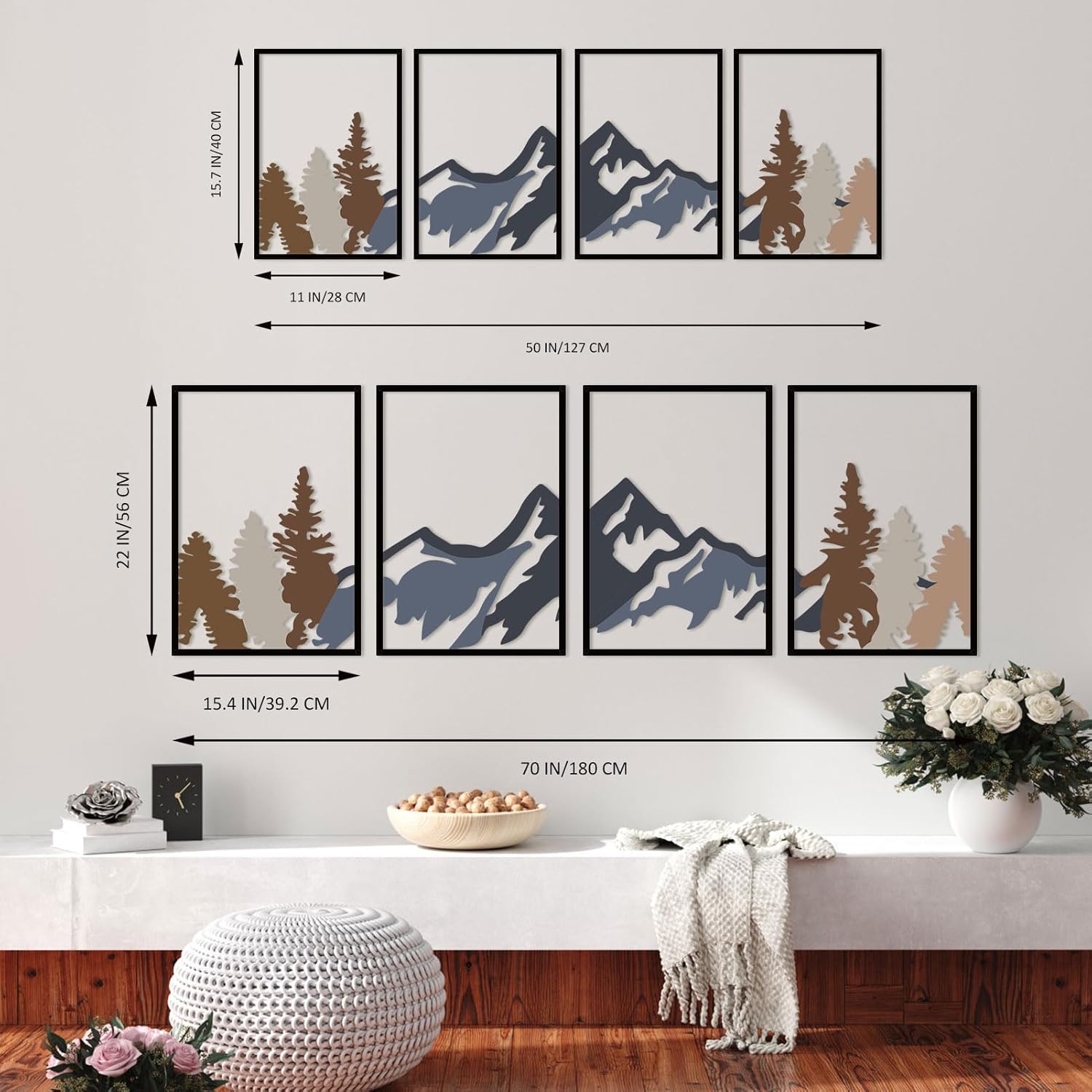 ESTART 4 Pcs Metal Mountain and Forest Wall Decorations Line Drawing Wall Art Minimalist Wall Decor Rustic Nature Home Wall Art Sculpture For Living Room Bedroom Office (Mountain Forest Large)