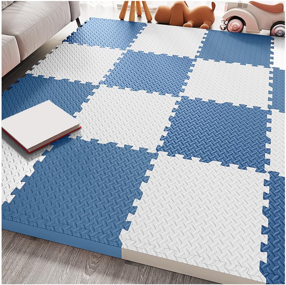 36Pcs Interlocking Foam Puzzle Floor Mats – 1/2″ Thick, 12″x12″ Anti-Slip, Waterproof Exercise Tiles with Border for Home Gym, Kids Play Area – Navy Blue & White