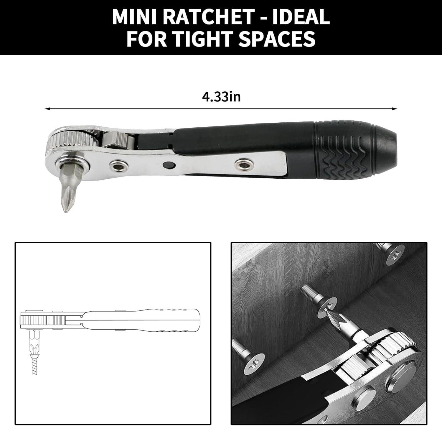 Mini Ratchet Screwdriver Set, 1/4 Inch Drive 36-Tooth Right Angle Ratchet Wrench with Bits & Extension – Compact Tool for Tight Spaces, Phillips, Slotted, Hex, Square