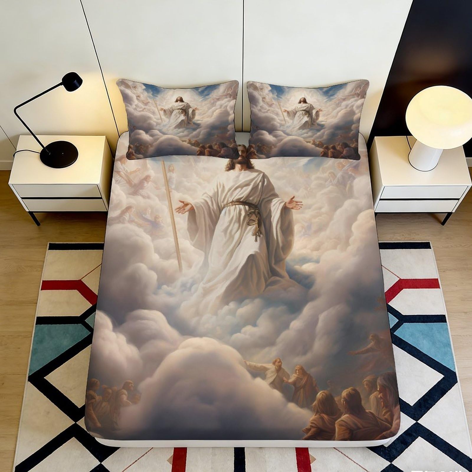 3D Printed Jesus Clouds Fitted Sheet Microfiber Soft Breathable Spiritual Bed Cover for Bedroom Dormitory Guest Room Mattress Protection 120x200x25cm