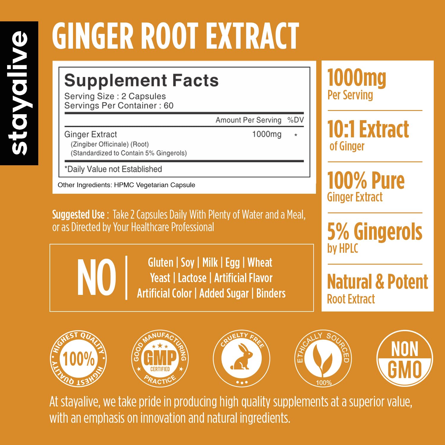 StayAlive Pure Ginger Root Extract 10,000mg with 5% Gingerols, 120 Ginger Root Capsules for Nausea, Immunity and Digestive Health, 10:1 Super Extract Powder, Non-GMO and Gluten-Free Ginger Supplement