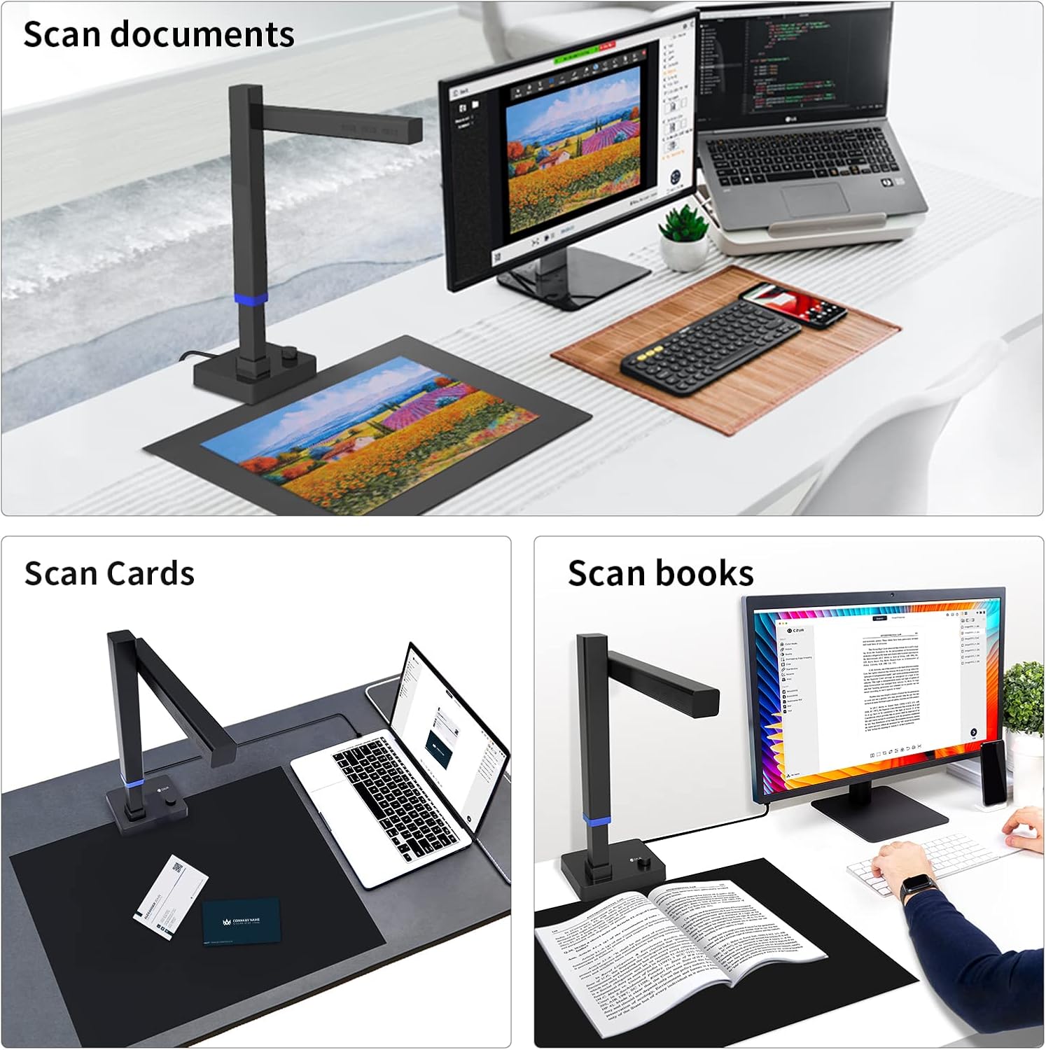Examples of CZUR Shine Ultra Pro scanning documents, cards, and books in different office settings.