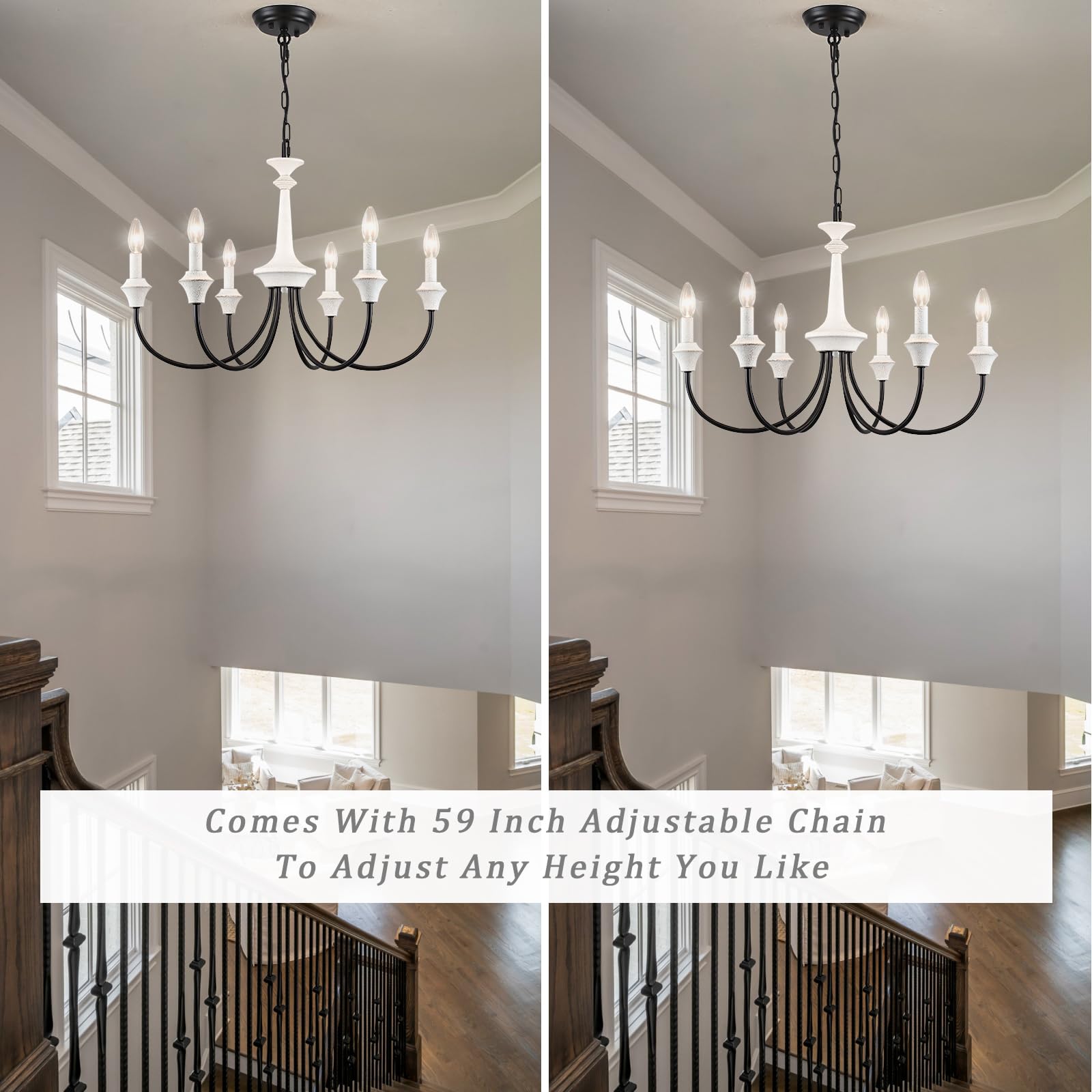 ZCHAOZ White and Black Chandelier 6 Lights Metal Farmhouse Chandelier French Country Chandeliers for Dining Room Light Fixture Rustic Candle Pendant Lighting for Kitchen Island Living Room Entryway