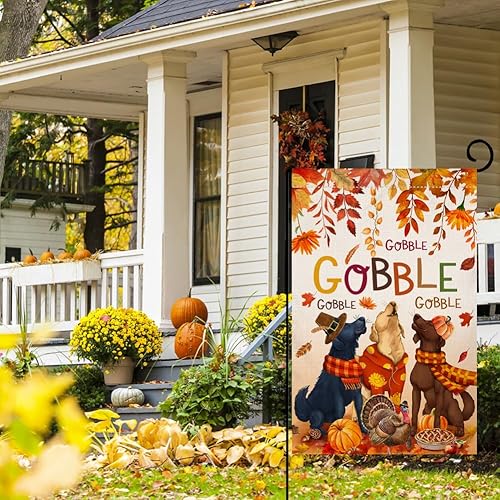 Miniatura 4 de BLKWHT Bandera de jardín de Acción de Gracias de otoño de 12 x 18 pulgadas, vertical, de doble cara, perro, pavo, calabaza, hojas de otoño,