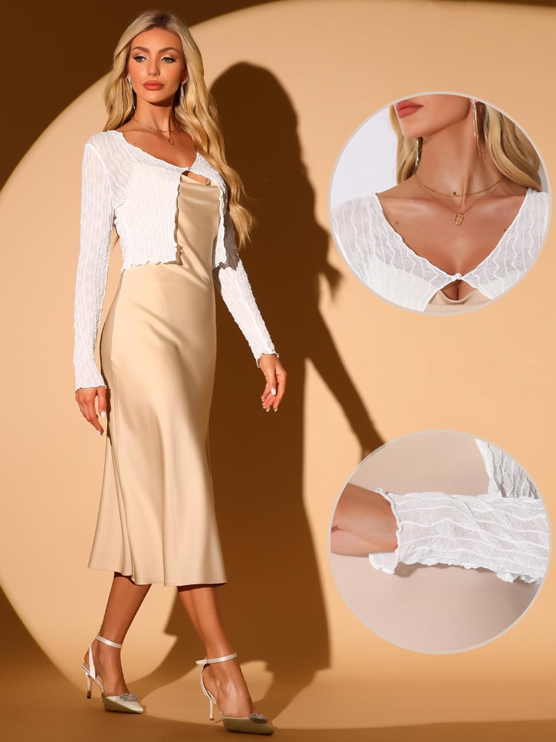 Allegra K Bolero Shrug for Women's Sheer Mesh Tie Front Textured Crop Shrug for Evening Dresses - Image 4