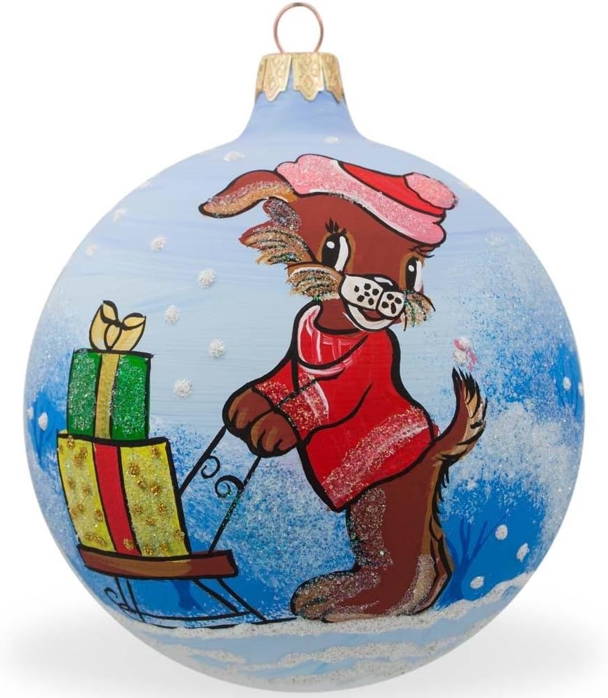 Dog Delivering on Sleigh Glass Ball Christmas Ornament 4 Inches - Image 5