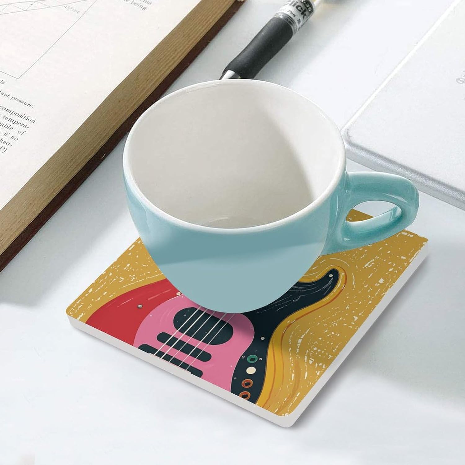 4PCS Coasters for Drinks Ceramic Coffee Coasters with Cork Backing Personalized Guitar Bass Music Musical Instrument Coffee Table Decor Square Funny Coaster for Table Protection image 5