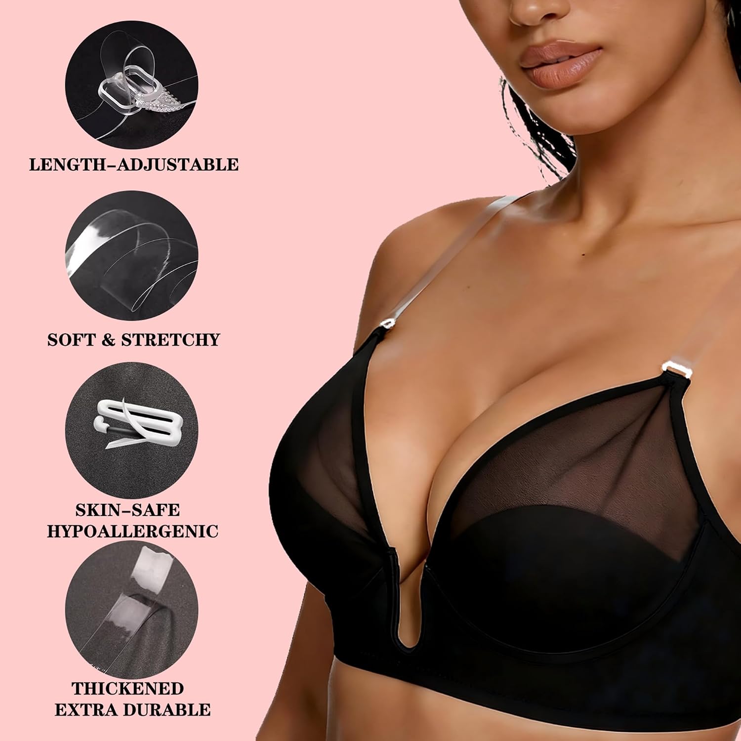 3 Pairs Clear Bra Straps + 12 PCS Bra Strap Clips, Adjustable/Thickened/Invisible/Transparent/Non-Slip Bra Straps