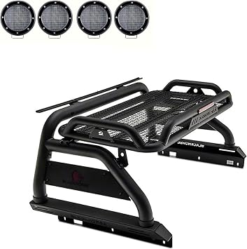 Black Horse Atlas Roll Bar Incl. Set of 5.3" Dia.LED Lights w/Black Trim Rings Black Compatible with 2019-2026 Ford Ranger-ATRB8BK-PLFB