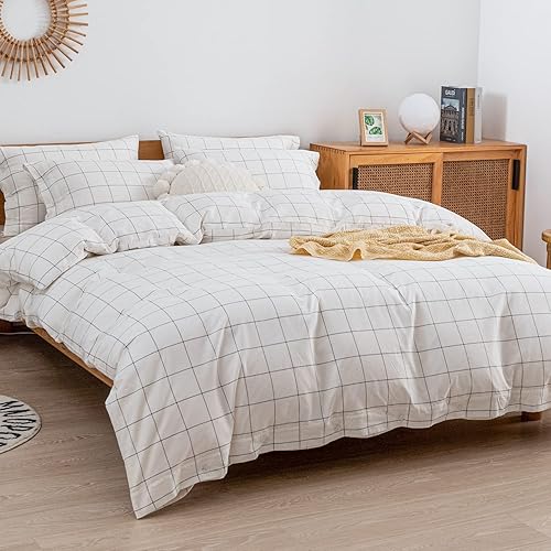 Miniatura 2 de JELLYMONI Juego de funda de edredón tamaño individual, funda de edredón de algodón a cuadros de 2 piezas con cierre de botón, 1 funda de edredón y 1