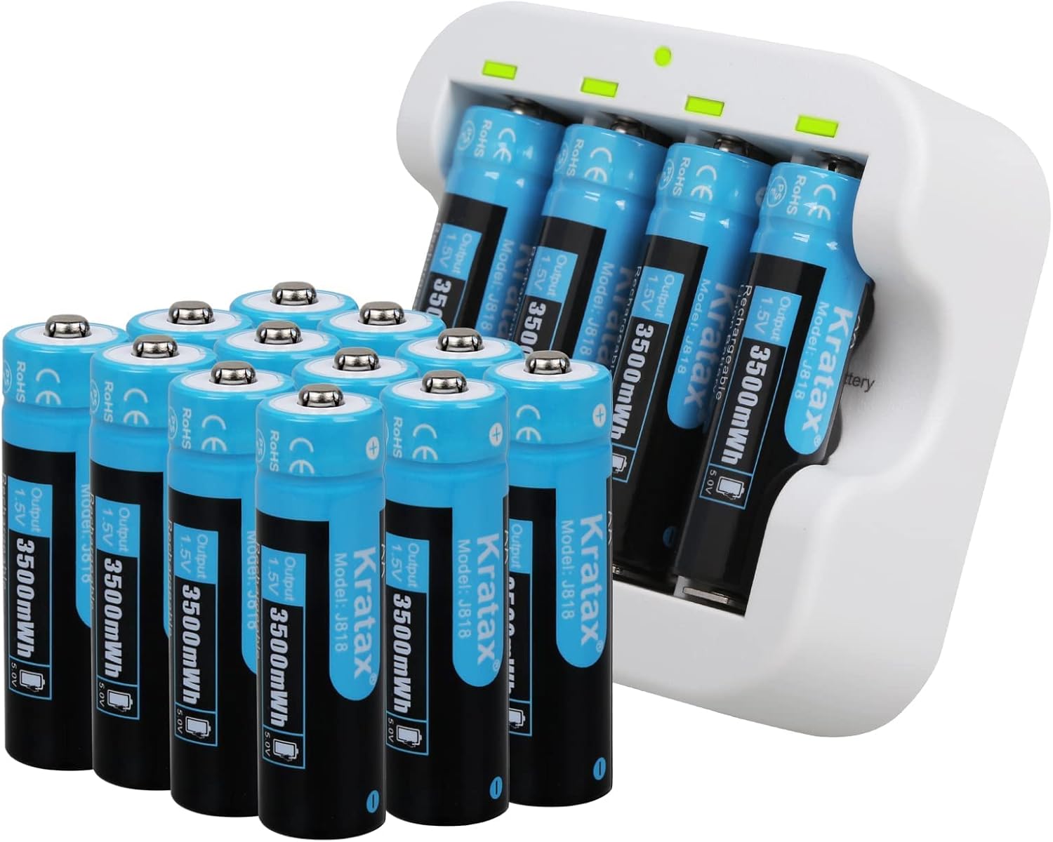 Kratax AA Rechargeable Batteries 3500mWh High Capacity Double AA Lithium Battery 1.5V Constant Voltage Output, 1600Cycles, for Xbox Controller, Toys, Remote Controls,Flashlight-16 Pack with Charger