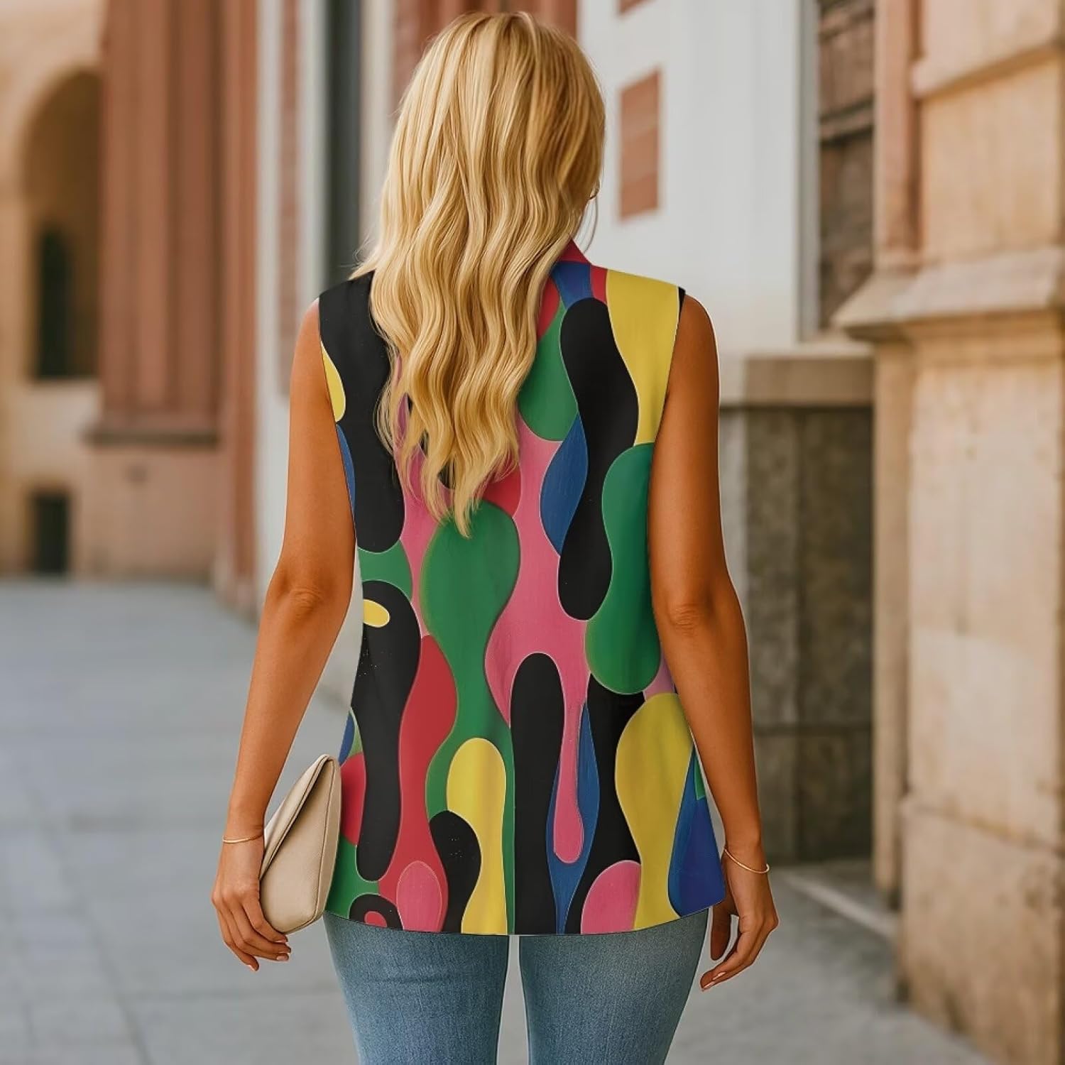 INSTANTARTS Women's Long Vest Jacket with Pockets Open Front Vests for Women Sleevless V Neck Lightweight Vest Top Fashion