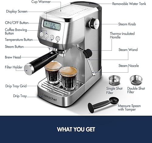 Miniatura 8 de AMZCHEF Máquina de café expreso de 20 bares, cafetera con pantalla LCD, ideal para regalos en el hogar, máquinas de capuchino de acero inoxidable