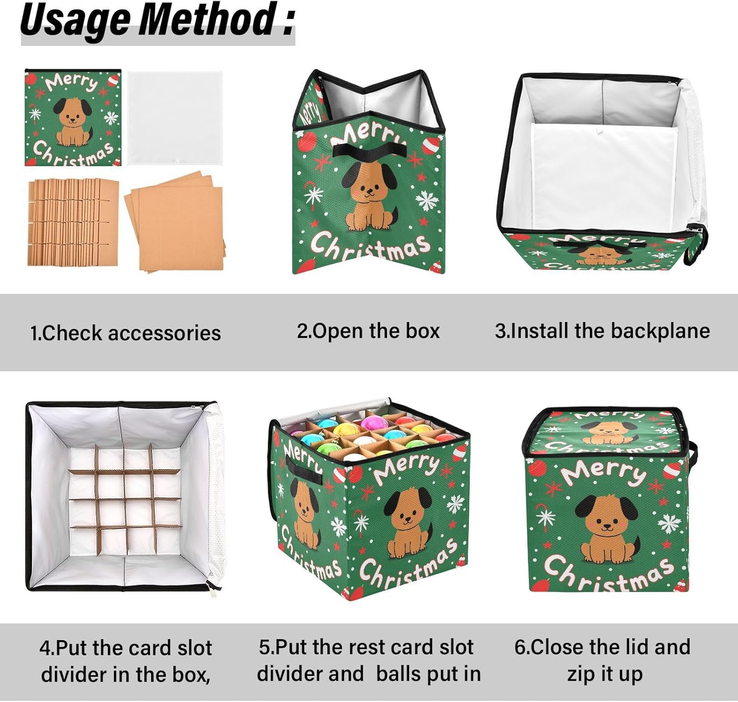 High Capacity Christmas ornament organizer storage Holds Up to 64, Zippered Top sturdy Holiday Storage Case with Lid,Christmas Cartoon Dog