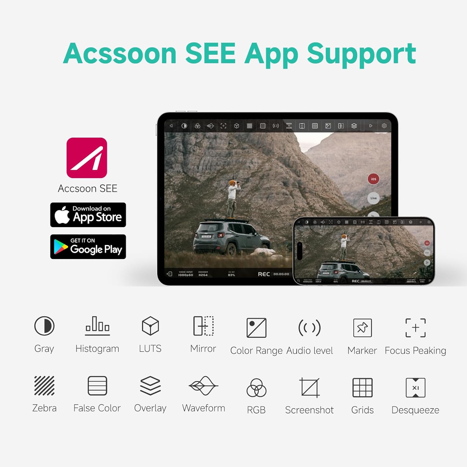 Screenshot of the Accsoon SEE App interface on an iPad and iPhone, showing various monitoring tools like Gray, Histogram, LUTs, Mirror, Color Range, Audio Level, Marker, Focus Peaking, Zebra, False Color, Overlay, Waveform, RGB, Screenshot, Grids, and Desqueeze.