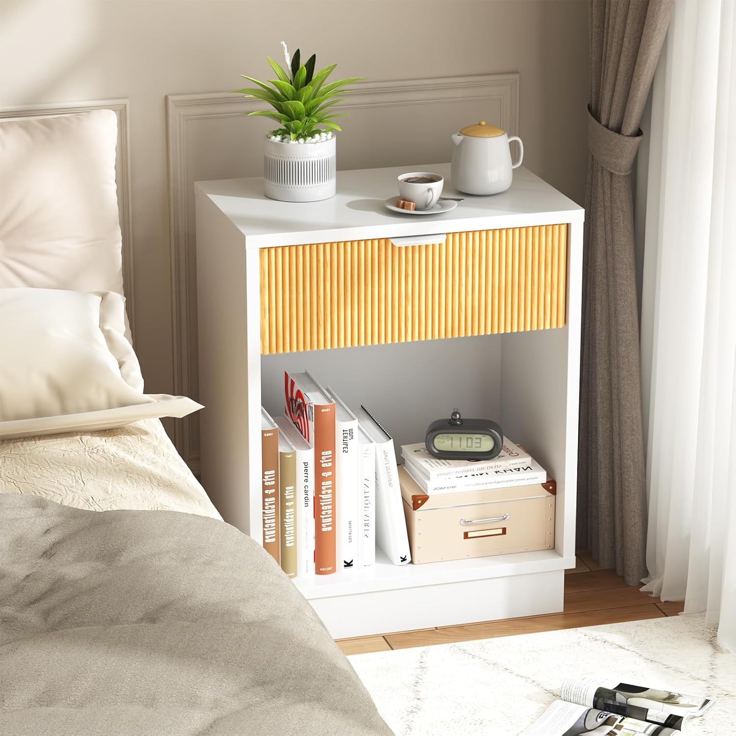 Fluted Night Stand Set 2, Large Wood Bedside Table Set of 2 Nightstands Set of 2 with Drawer and Storage Shelf for Bedroom, Small Spaces