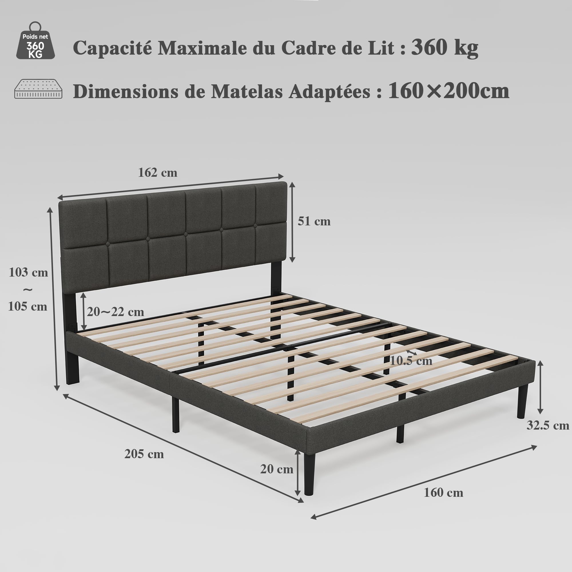 Z-hom Sommier 160x200 cm avec Lattes en Bois, Cadre & Tête de Lit 2 Personnes Tapissier, Montage Facile, Hauteur : 32 cm - Gris Foncé
