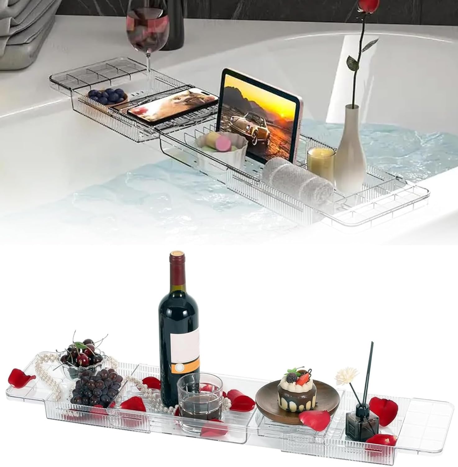 Badewannenablage, Badewannenbrett, Badewannentisch Verstellbar | Acryl,mit FäChern Kann Aufgestellt Werden HandtüCher, Tablet, Handy, Rotwein, Geeignet für Privathaushalte Und Hotels