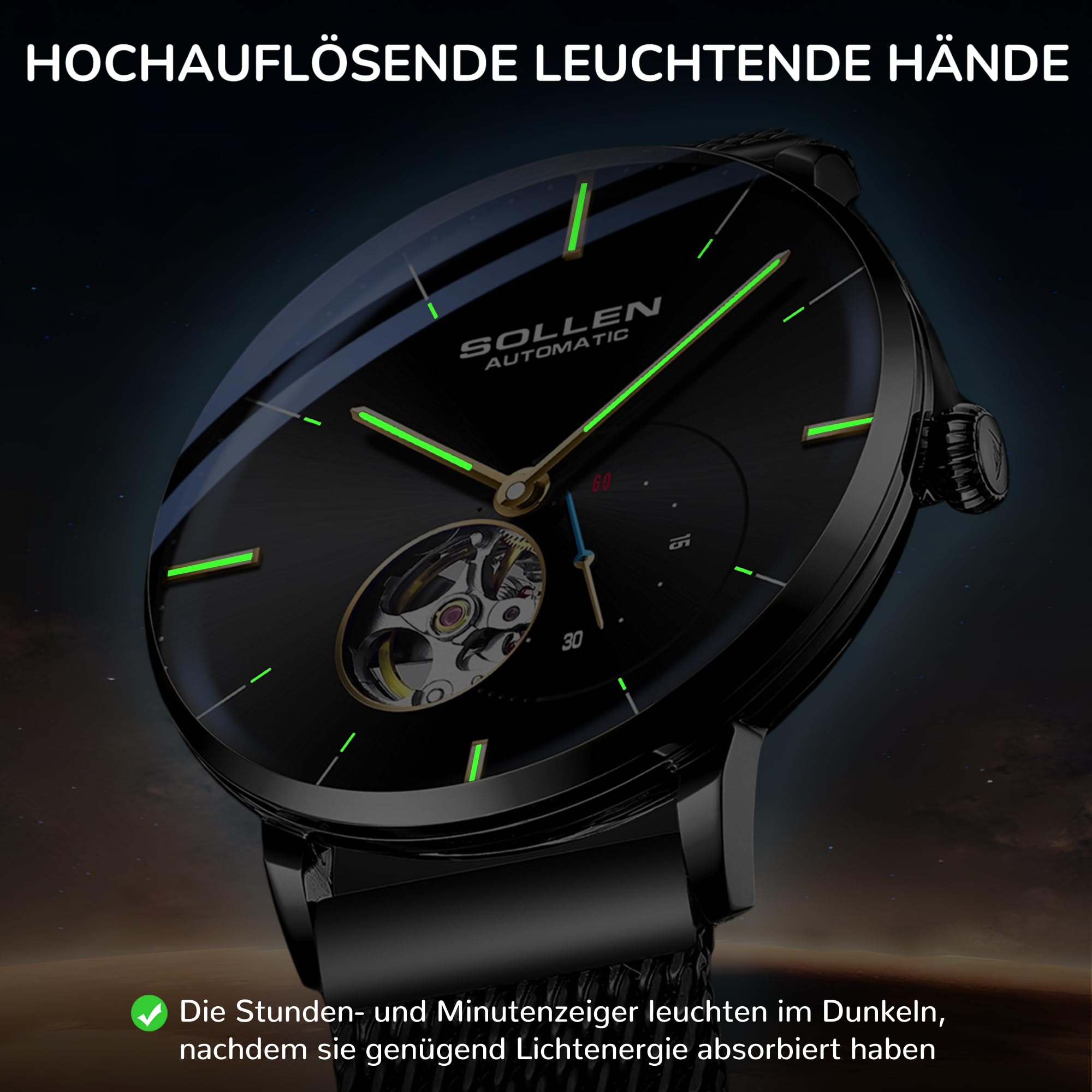 SOLLEN Automatikuhren Herren mit Skelettzifferblatt,Automatische Herrenuhren,Originales Mechanisches Uhrwerk,Leuchtend Selbstaufzug Herrenuhr mit Sekundenzeiger,Armbanduhren als Geschenk für Männer