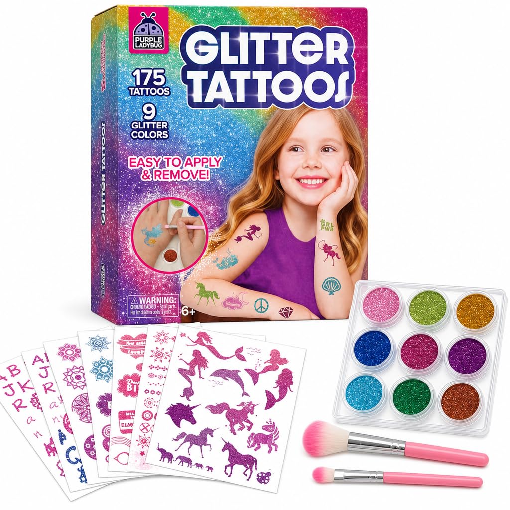 Glitter Tattoo Kit for Ages 6+, No Glue & Low Mess Temporary Fake Tattoos | 175 Designs & 9 Colors, Easy Application Skin-Safe Glitter Tattoos, 7 Year Old Girl Birthday Gifts, Girls Toys Age 6-8