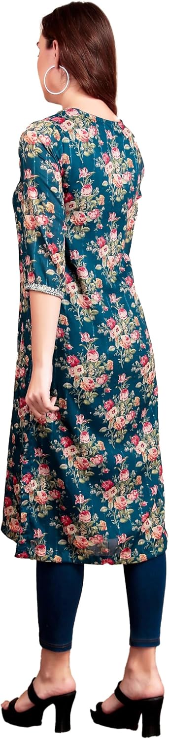 ladyline Womens Chinon Silk Tunic Kurti Embroidered Digital Printed Kurta Top - Image 3