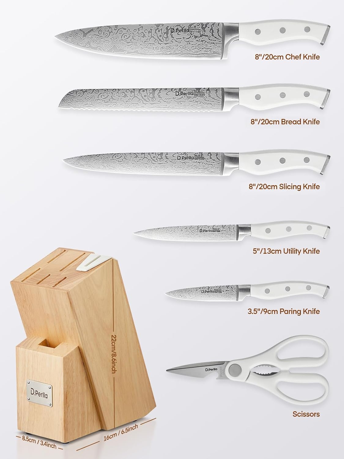 Knife Set, D.Perlla 8 Pieces Kitchen Knife Set with Built-in Sharpener, HIgh Carbon German Stainless Steel Knife Block Set with Unique Waved Pattern, Non-slip Handle, White