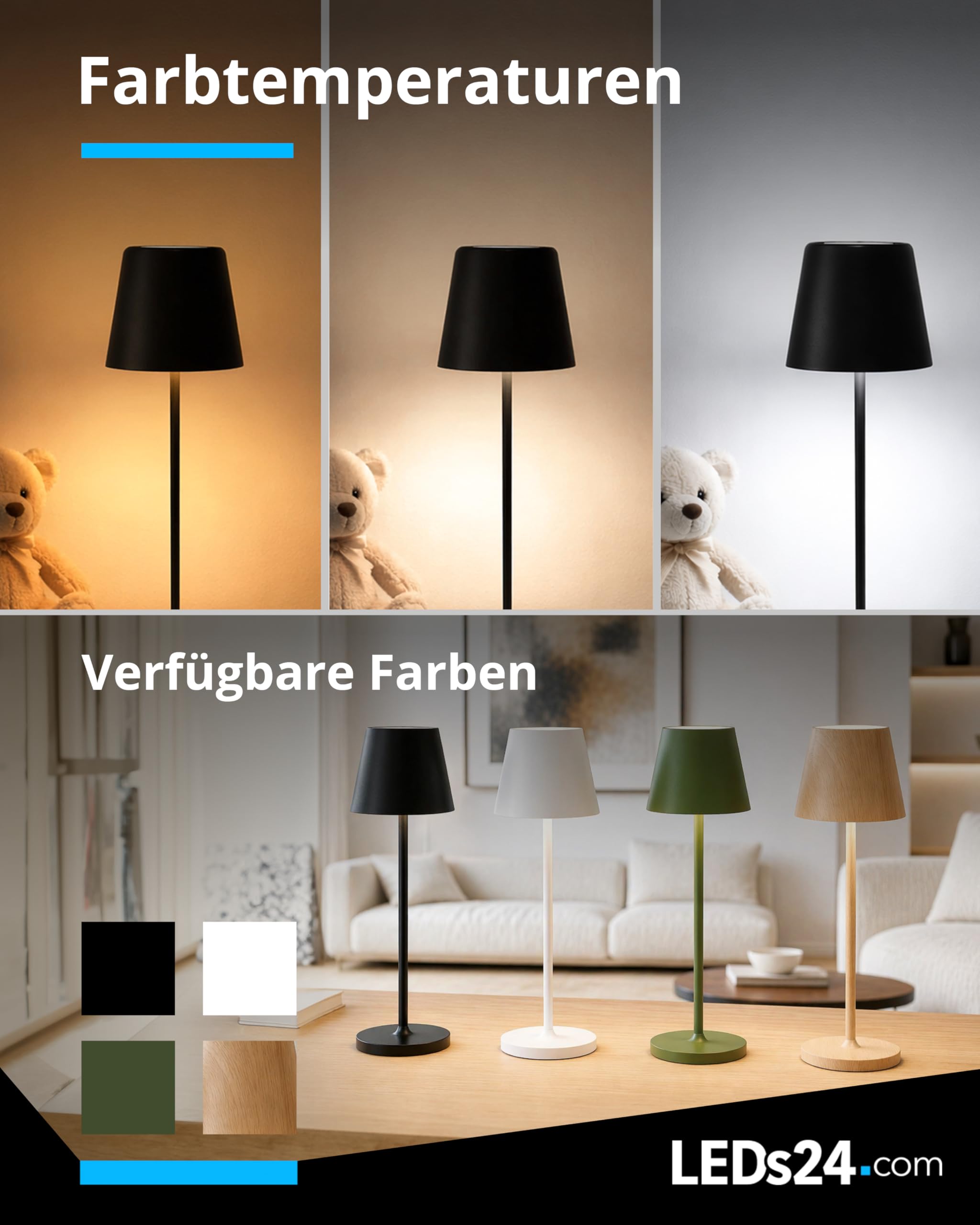 LED Tischlampe Kabellos Outdoor - Höhenverstellbare Akku Tischleuchte IP54 Dimmbar Touch mit USB-C-Kabel - für Terrasse, Wohnzimmer, Schlafzimmer, Kinderzimmer, Gastro & Hotel (schwarz)