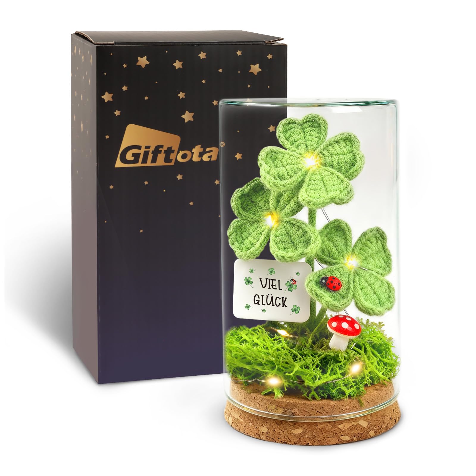 Giftota Glücksbringer Viel Glück Geschenke, Gestricktes Vierblättriges Kleeblatt im Glas mit LED Lichterkette, Mutmachergeschenk, Gute Besserung Geschenke, Prüfung Bestanden