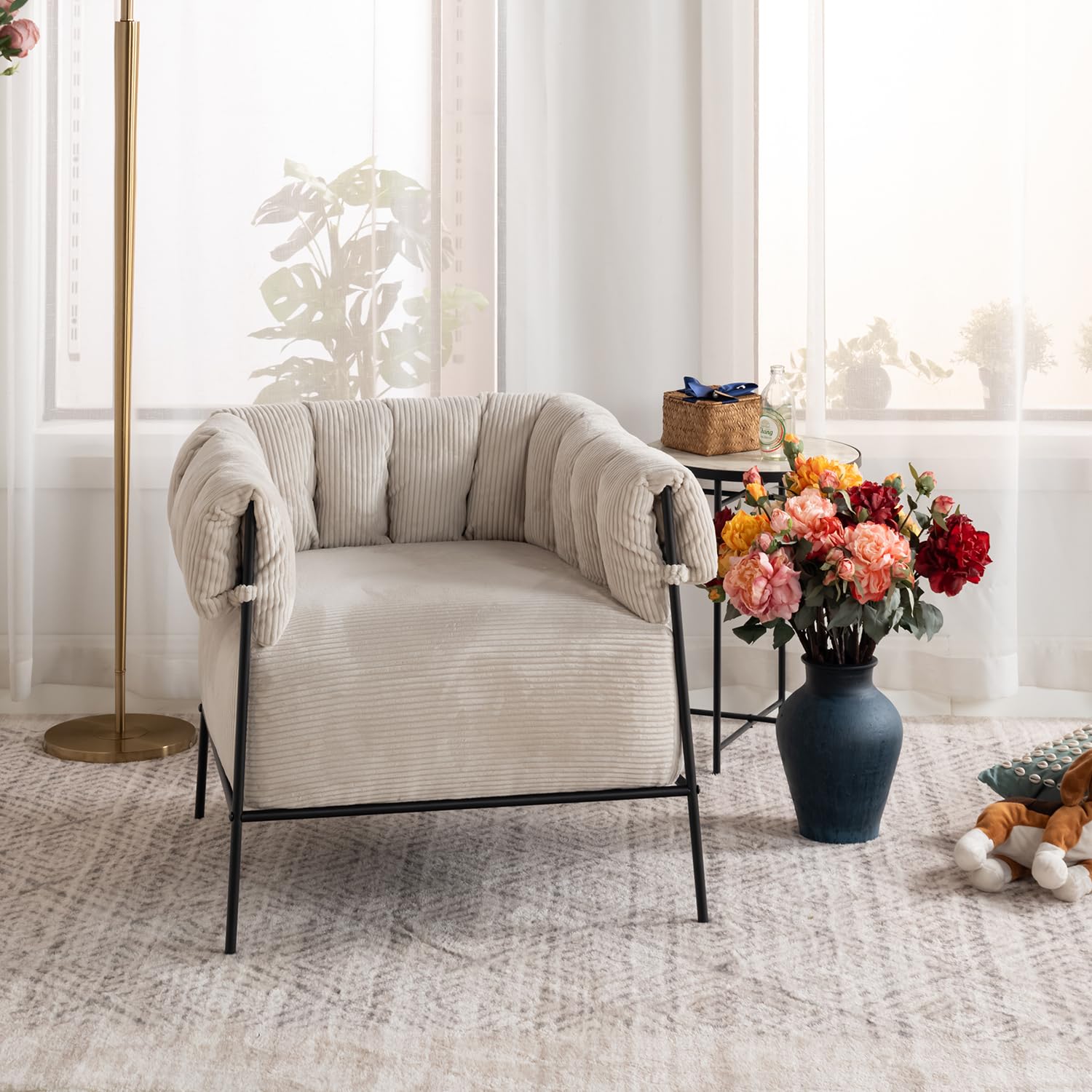 MEUBLES COSY Fauteuil Salon Chaise Pivotant Sur 360° Pour Chambre Bureau Jambes Croisees Avec Assise Epais Dossier Accoudoirs Roulettes En Velours Cotele Beige 85722209