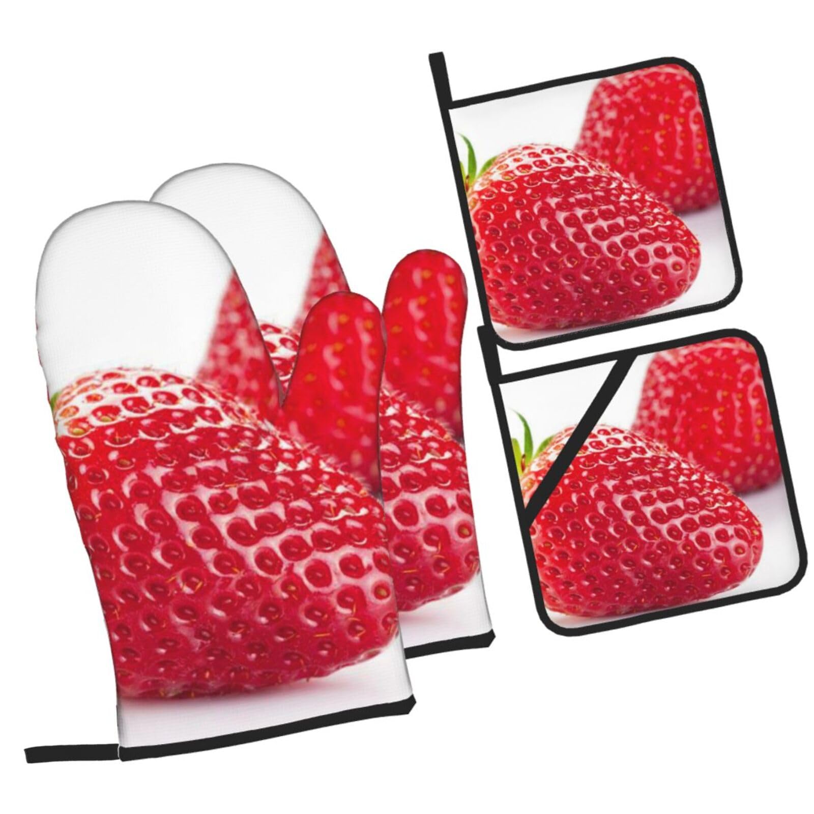 Strawberry Printed Oven Mitts and Pot Holders Heat Resistant Set of 4 Pcs, Modern Kitchen Gloves & Potholders for Cooking Baking Grilling