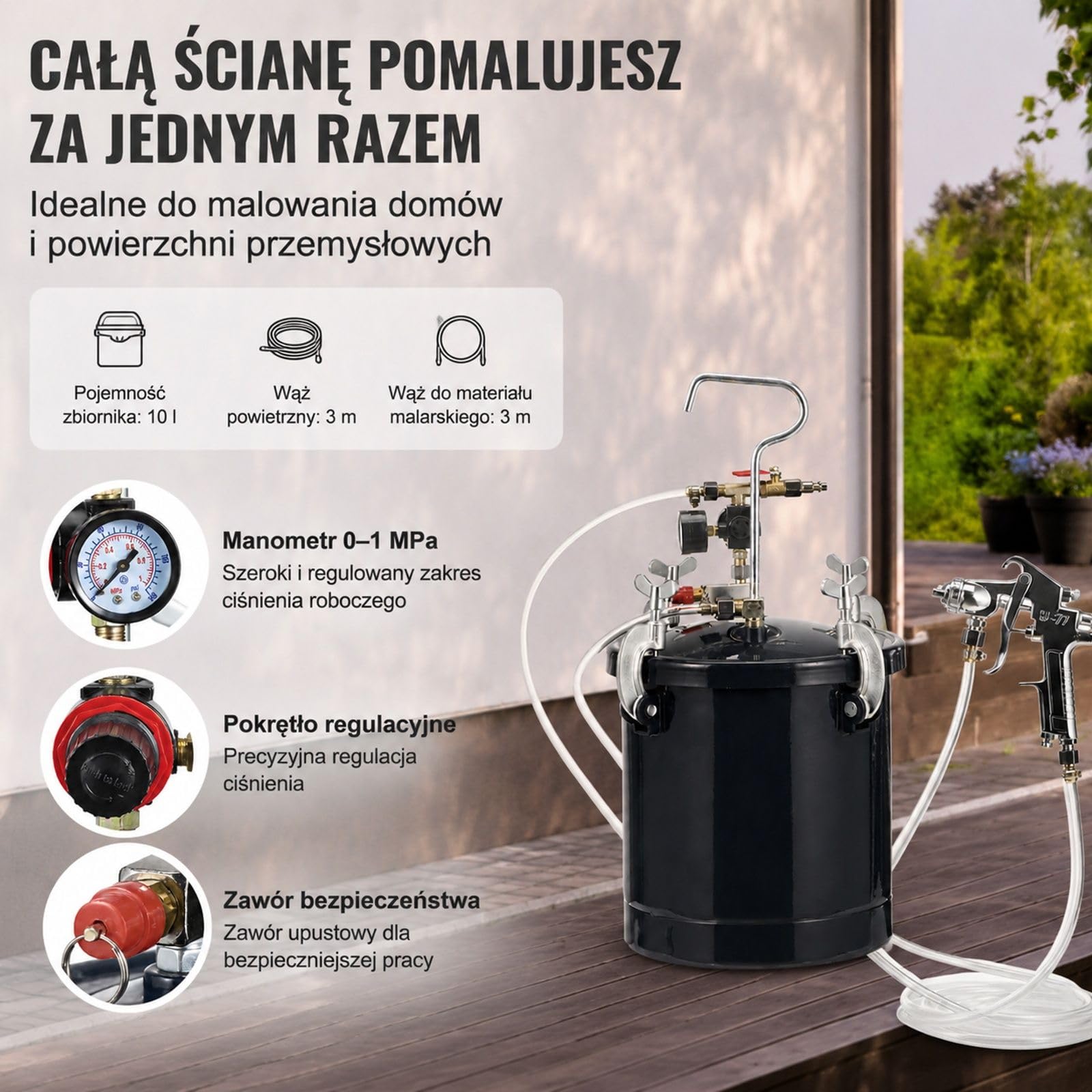 Zbiornik ciśnieniowy na farbę 10 L z pistoletem natryskowym, pojemnik do lakierów i bejc, 60 PSI