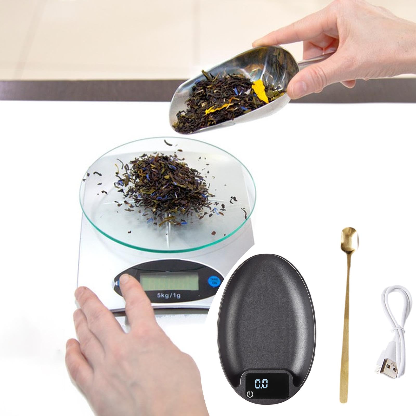 Bilancia Elettronica Accessori Cucina Bilancia Digitale Portatile caffè Multifunzione con Cucchiaio E Cavo USB Funzione Pesatura Ingredienti Adatta a, Nero