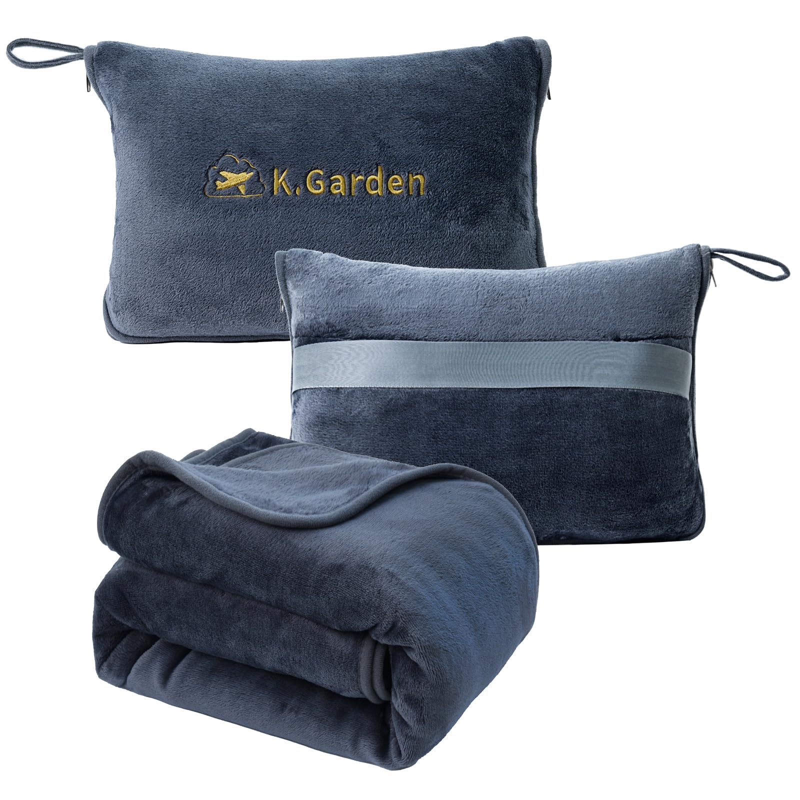 Travel Cooling Blanket and Pillow- Soft 2 in 1 Airplane Compact Flight Essentials Car Pillow Travelers Gifts Accessories Compact Pack Blanket for Any Travel with Luggage Backpack Strap Grey