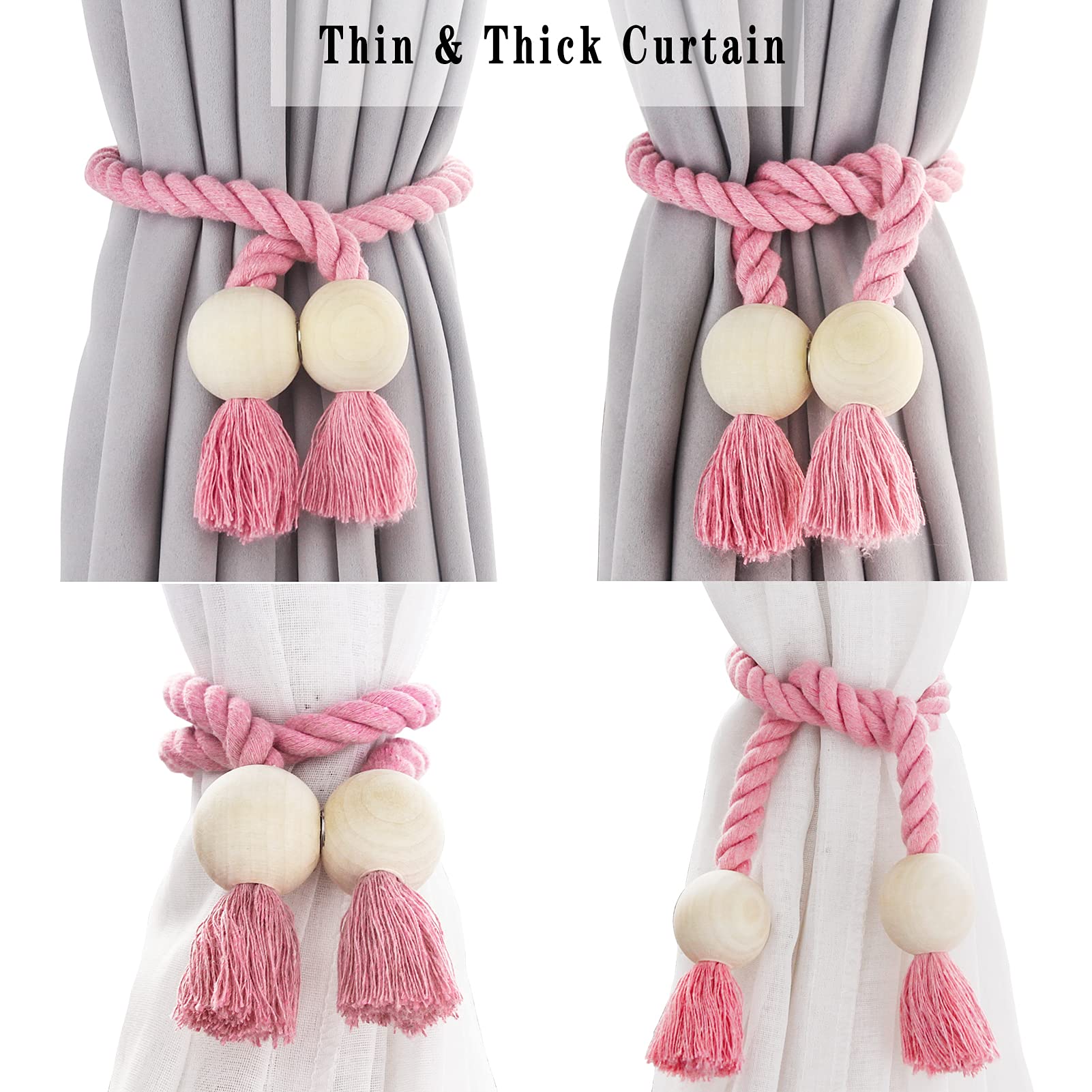 Lot de 6 embrasses magnétiques en coton tissé à la main pour rideaux avec boucle en bois Rose Aucun outil nécessaire