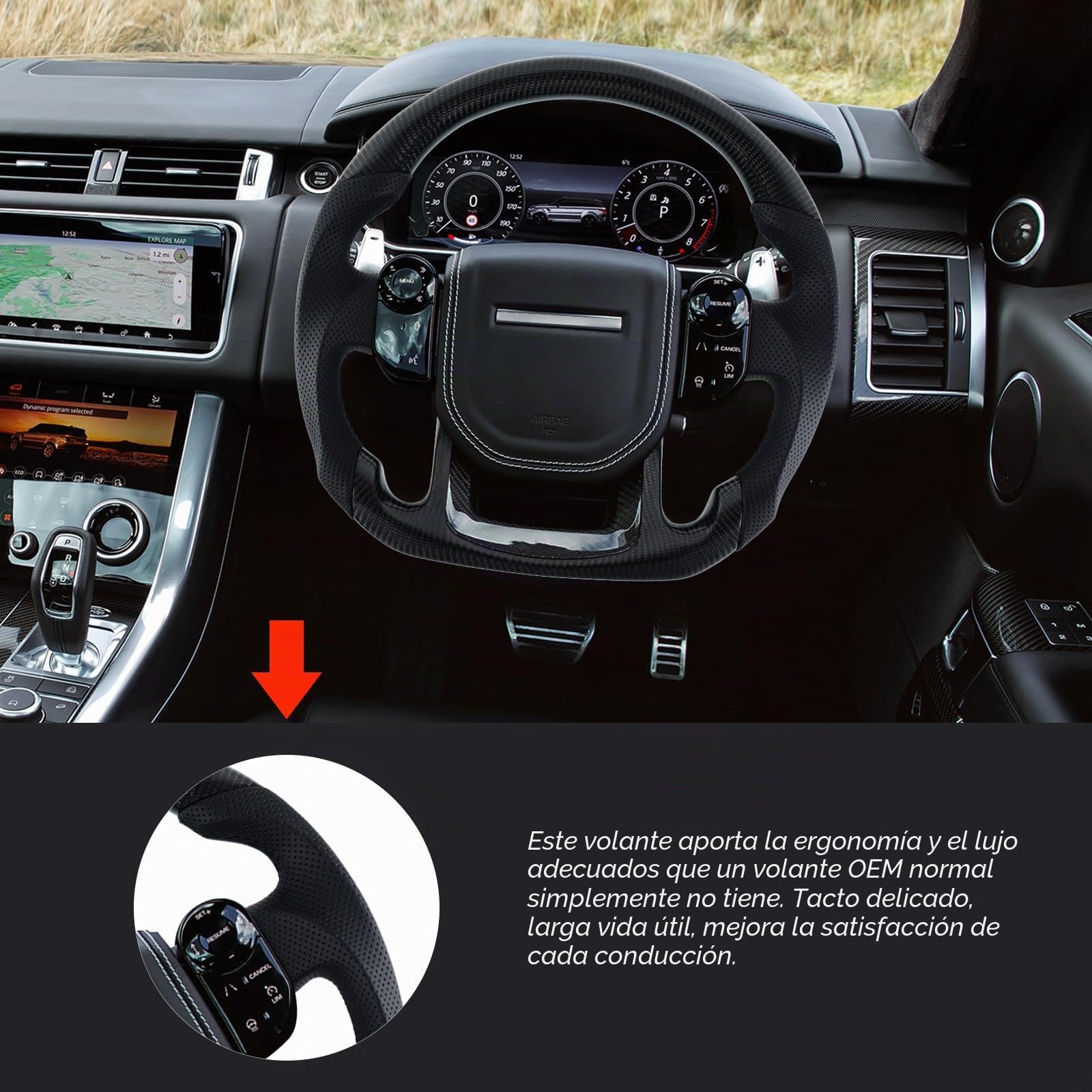 Volante de fibra de carbono y cuero en forma de D, personalizado con base plana y mango de cuero perforado para Range Rover Sport 2014-2022