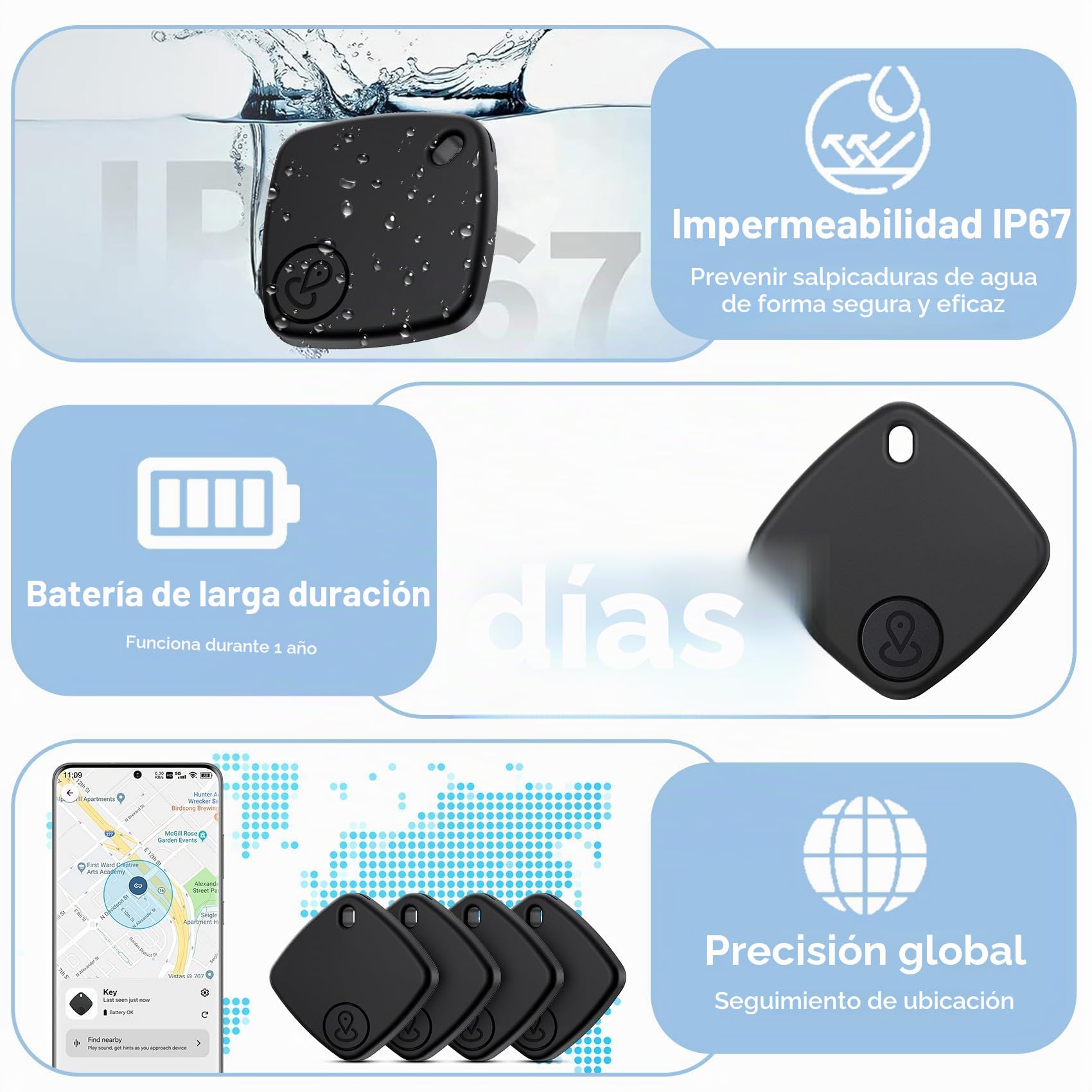 Air Tracker Android, 4 Pack Smart Tracker Tag, Localizador Bluetooth Compatible con Google Find Hub (Solo Android), Impermeable IP67, Bluetooth Tracker para Maletas, Cartera, Equipaje (Negro)