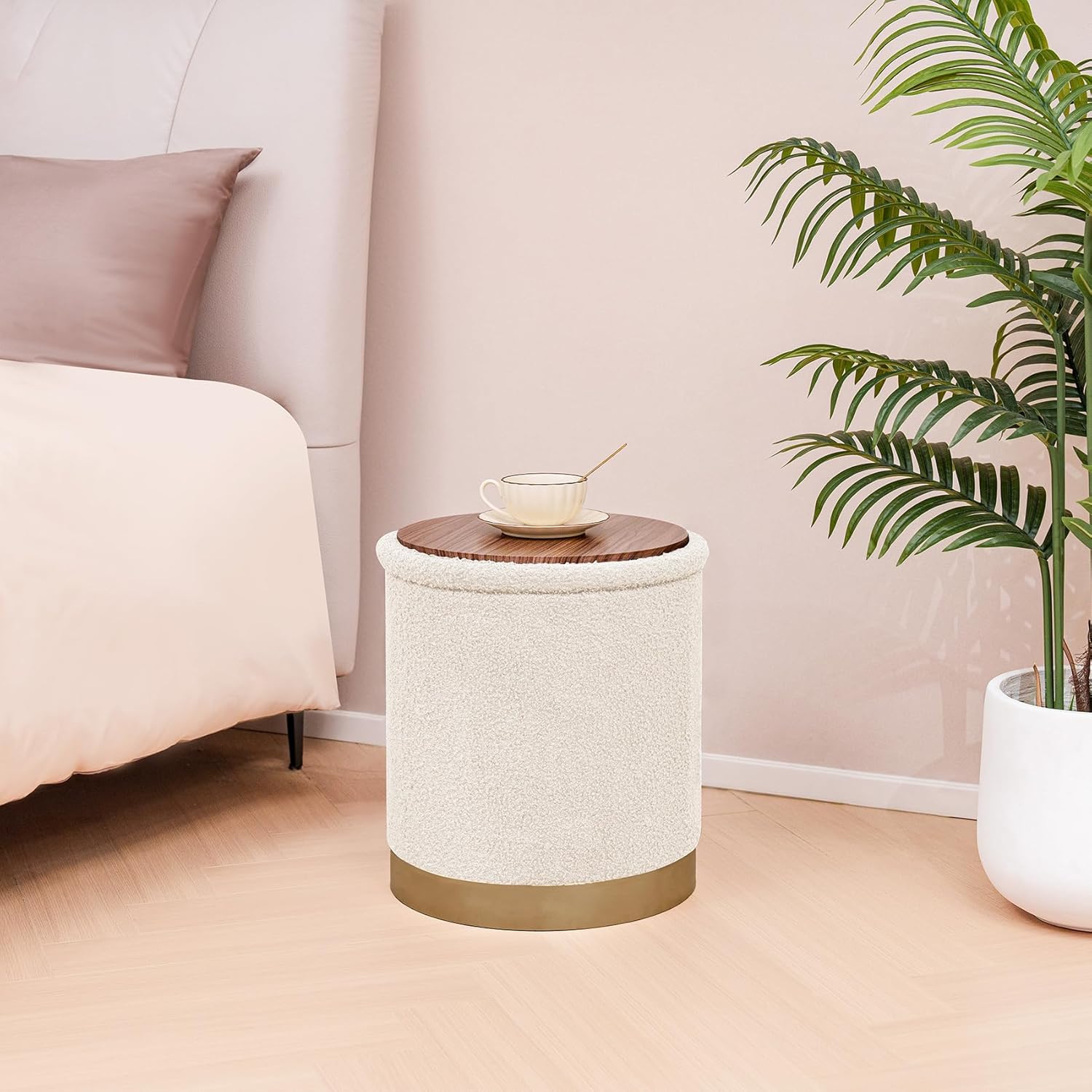 Round Storage Ottoman with Reversible Tray Top, 16.3" Boucle Ottoman Footrest Stool with Metal Base, Upholstered Vanity Stool with Storage for Living Room Bedroom, White