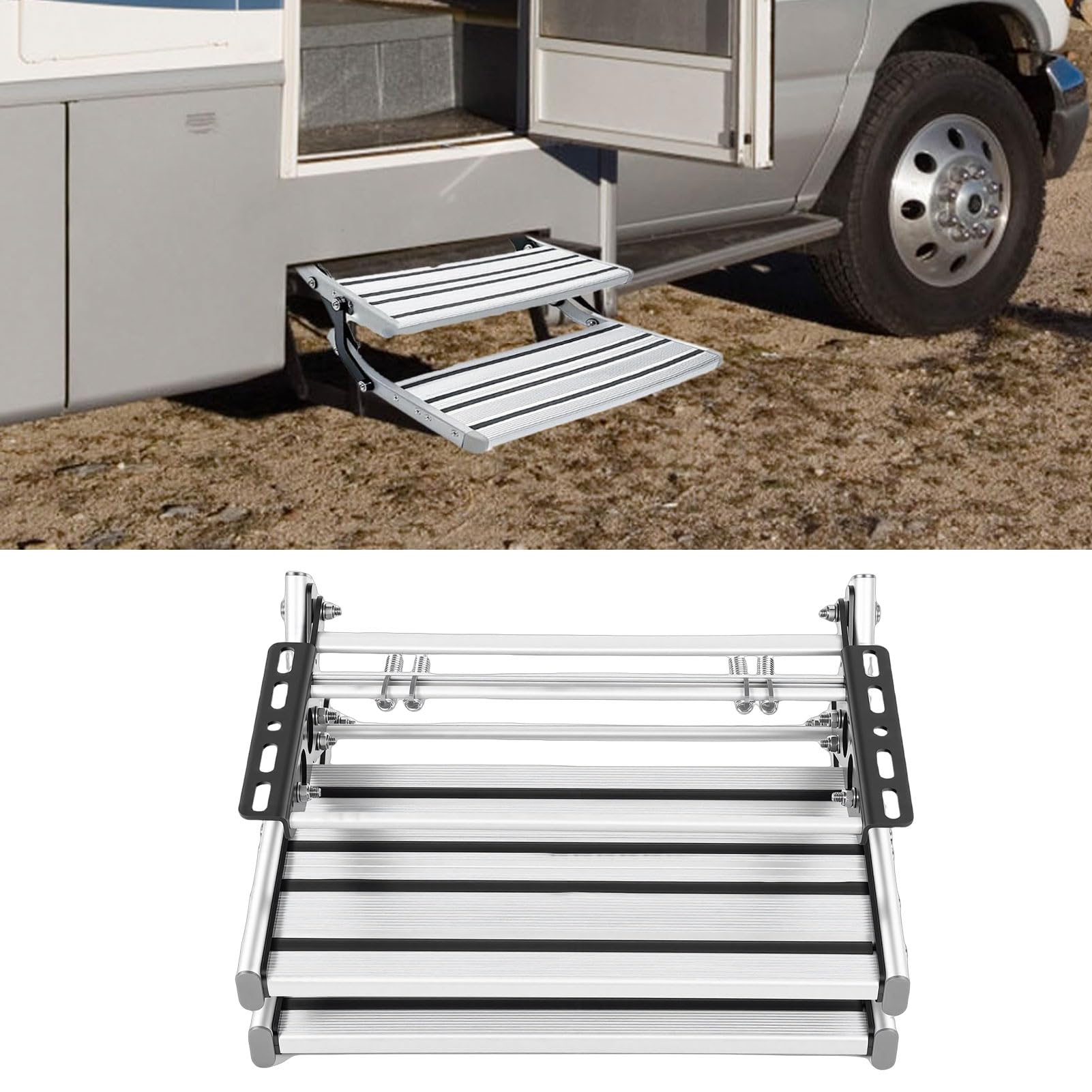 Wohnmobil-Stufen, Doppelte Manuelle Wohnmobil-Stufenbaugruppe, Manuell Teleskopierbar und Klappbar, Geeignet für Campingfahrzeuge, Wohnmobile und Reiseanhänger.