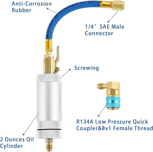 Aupoko Inyector de tinte de aceite para compresores R134A, 1/4 "SAE macho y hembra Oz Inyección Aire acondicionado HVAC herramienta, AC R12 R22