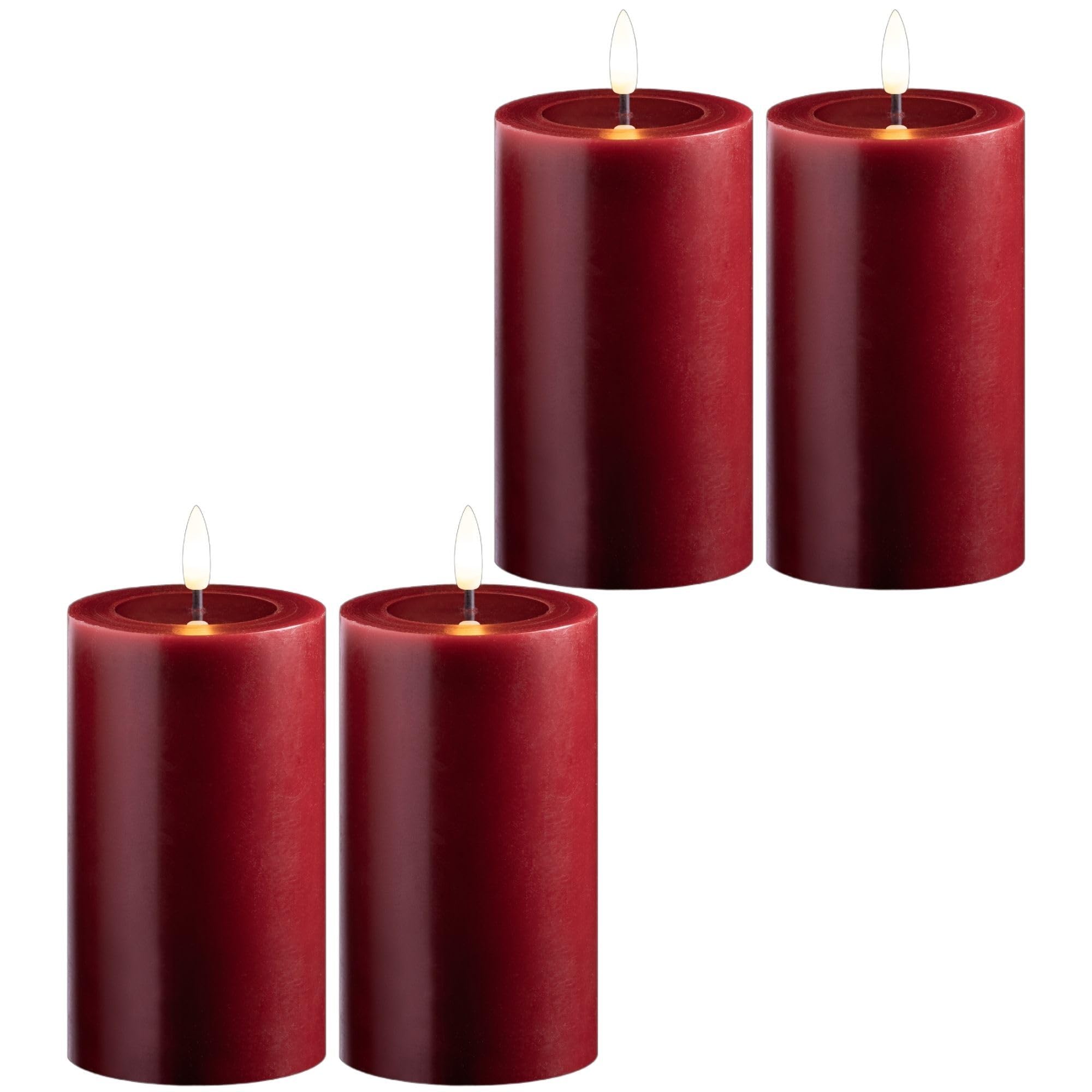 Novaliv 4 candele a LED con timer, 6 ore, colore rosso, vera cera LED, luce bianca calda, 7,5 cm, diametro 12,5 cm, altezza – 2 batterie AA necessarie a LED in vera cera con effetto tremolante, senza