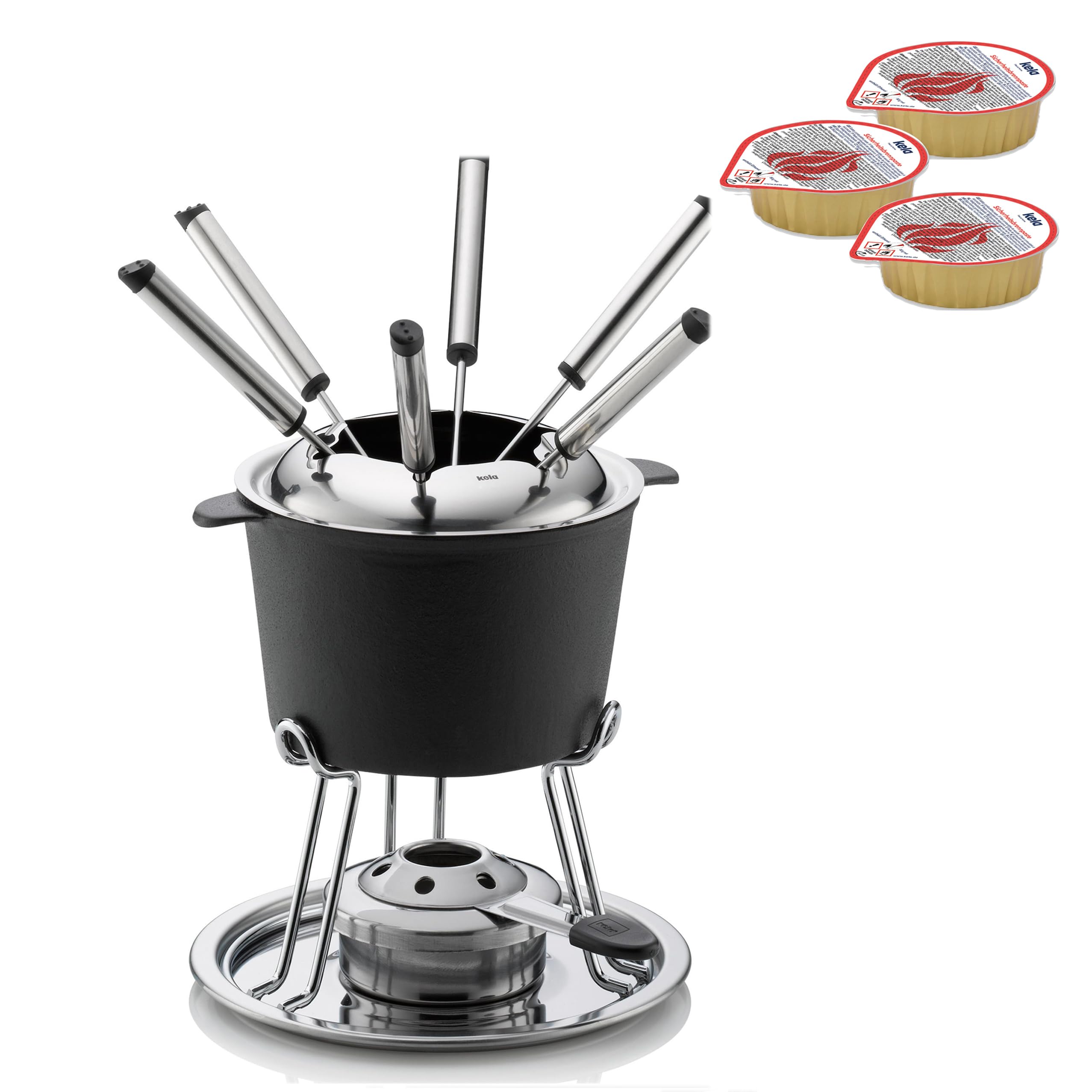 kela Fondue-Set Comore, 11-teilig, Ø 20 cm, 0,8 L, Gusseisen, Emailliert, Topf, Brenner, Rechaud, Spritzschutz, Unterteller, 6X Fonduegabeln, 16639, 6 Brennpasten Magma, je 80 g, Ethanol, 390010